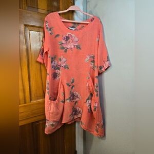 Vasna Made In Italy Floral Linen Dress Coral Orange Sz L
